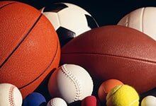 Various sports balls such as basketball, football, and soccer ball